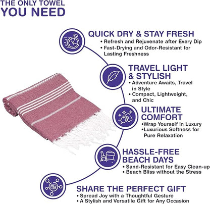Turkish Beach Towels, Bulk Case of 12 | Oversized, Quick Dry, Sand Free | 100% Cotton, Large 38x71 Towels for Beach, Pool, Travel | Ultra-Soft, Compact, Absorbent | Burgundy