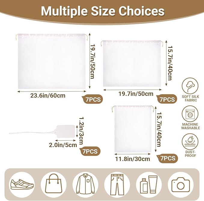 Ewen 7Pcs Dust Bags for Handbags, Satin Travel Dust Cover Bag, 2Pack 11.8x15.7in DustBag for Shoes, 2Pcs 19.6x15.7in Storage, Pack of 3 23.6x19.6in Bag for Purse, White Silk Cloth Bags with Drawstring
