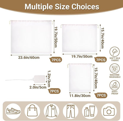 Ewen 7Pcs Dust Bags for Handbags, Satin Travel Dust Cover Bag, 2Pack 11.8x15.7in DustBag for Shoes, 2Pcs 19.6x15.7in Storage, Pack of 3 23.6x19.6in Bag for Purse, White Silk Cloth Bags with Drawstring