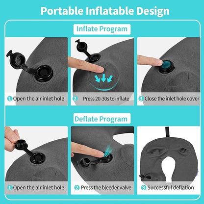 2 Pack Inflatable Travel Neck Pillows for Airplanes, Head Support Velvet Adult Neck Pillows for Long Flight, Kit with Eye Mask, Earplugs and Storage Bag, 2, Dark Gray