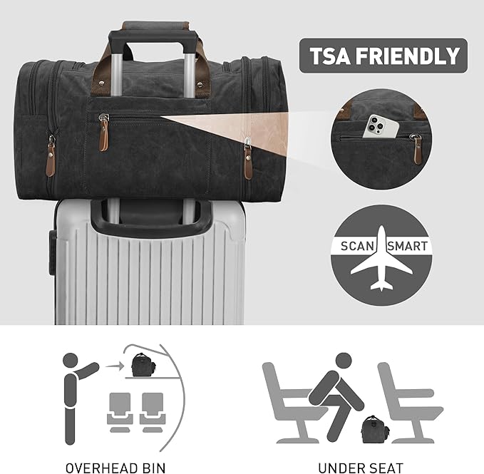 Wildroad 60L Travel Duffel Bag, Expandable Waxed Canvas Genuine Leather Duffle Bag Upgraded Overnight Weekender Bag Carry on Bag (Vintage Black, X Large-60L)