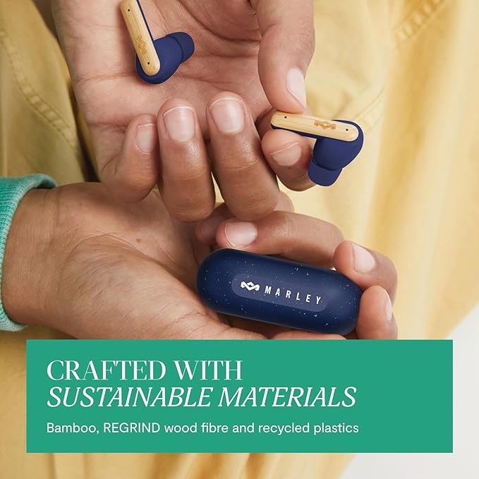 House of Marley Little Bird True Wireless Earbuds, Touch Controls, Built-in Mic, 24 Hours Playtime with Case, USB-C Quick Charge, Sustainable Materials, Movie and Gaming Mode (Blue)