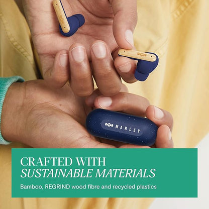 House of Marley Little Bird True Wireless Earbuds, Touch Controls, Built-in Mic, 24 Hours Playtime with Case, USB-C Quick Charge, Sustainable Materials, Movie and Gaming Mode (Blue)