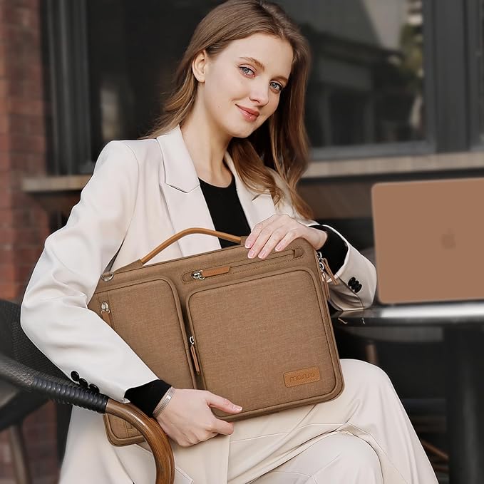 MOSISO 360 Protective Laptop Shoulder Bag,15-15.6 inch Computer Bags Compatible with MacBook Pro 16 inch, HP, Dell, Lenovo, Asus Notebook,Side Open Messenger Bag with 4 Zipper Pockets, Mocha