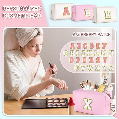 TOPEAST Initial Makeup Bags for Women, Personalized Portable Cosmetic Bag with Zipper, Cute Makeup Pouch, Bridesmaid Gifts for Wedding Day, Girl Trendy Stuff(Pink X)
