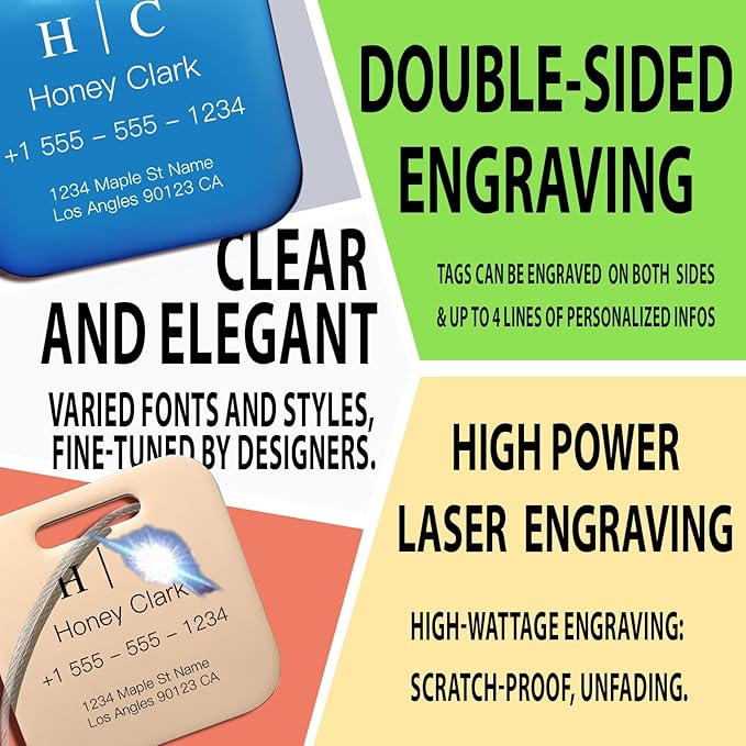 Stainless Luggage Tags for Suitcases 4 Pack: Metal Personalized Luggage Tags for Backpacks & Bags with Customizable Texts (Rose Gold)