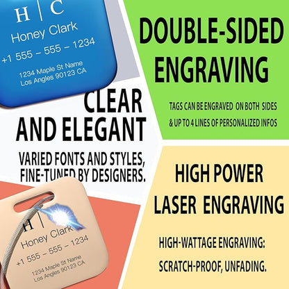 Stainless Luggage Tags for Suitcases 4 Pack: Metal Personalized Luggage Tags for Backpacks & Bags with Customizable Texts (Black)