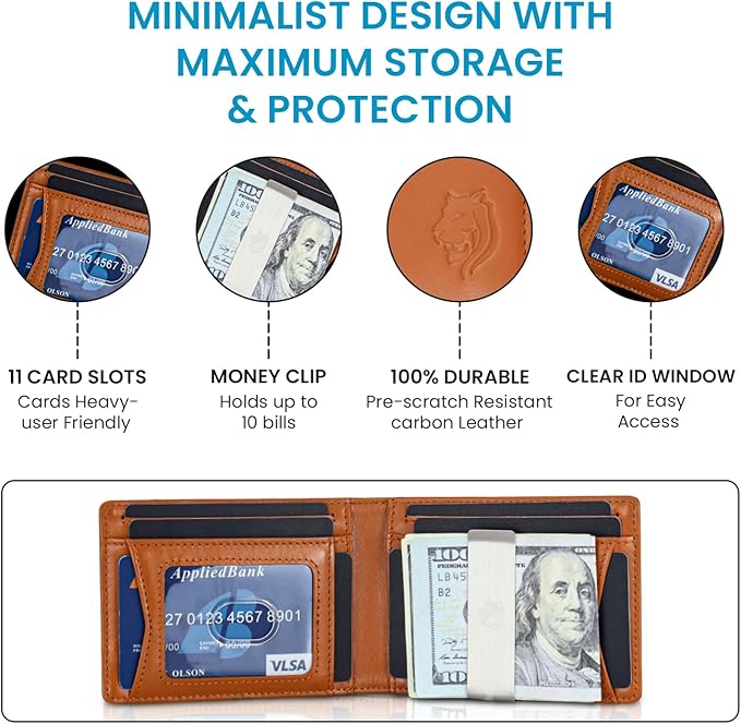 Premium Slim Leather Wallet for Men – RFID Blocking Minimalist Bifold Wallet with Money Clip, 11 Card Slots, Water-Resistant Men's Wallet in Carbon Fiber Design – Stylish and Secure Gift, Tan