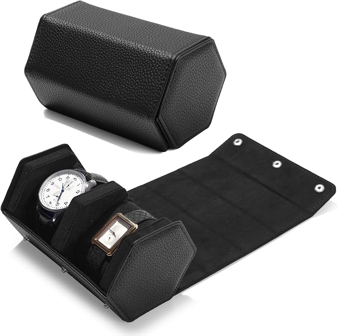 Oirlv Luxury Hexagonal Leather Watch Travel Case Watch Organizer Case for Men Portable Jewelry Storage Roll Organizer(2-Slot,Black)