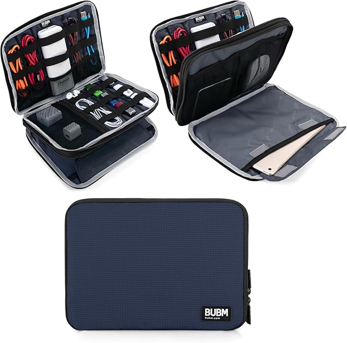 BUBM Double Layer Electronics Organizer, Travel Gadget Bag for Cables, Memory Cards, Flash Hard Drive and More, Fit for iPad or Tablet(up To 9.7")--Large, Dark Blue