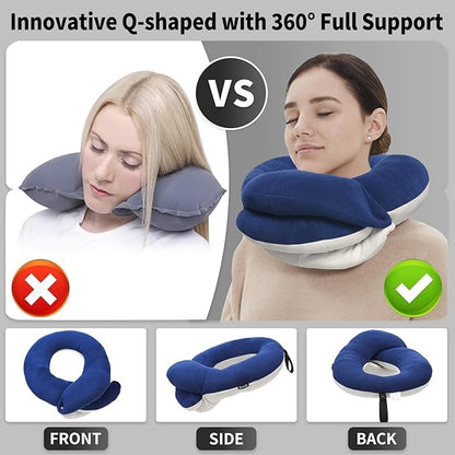 BUYUE Travel Neck Pillows for Airplanes, 360° Head Support Sleep for Long Flight, Skin-Friendly & Breathable, Kit with 3D Contoured Eye Mask, Earplugs and Storage Bag (Adult, Navy Blue, 90+ lbs)