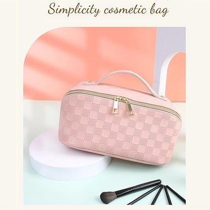 Cosmetic Bag,Travel Makeup Bag, Large Capacity Cosmetic Bags for Women, Waterproof Portable Open Flat Toiletry Bags,Makeup Organizer Bag with Divider and Handle, Pink Cosmetic Pouch Gifts for Women