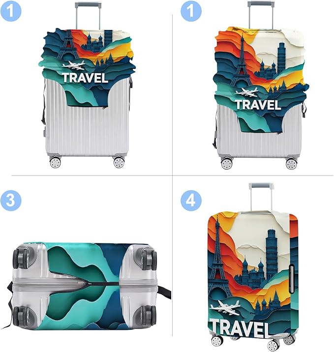 Luggage Cover Washable Suitcase Protector Anti-Scratch,Stretchable Fit for 20-34Inch Luggage Durable Travel Bag Cover with Zipper Closure (Travel-3, XL(fits 32-34Inch suitcase))