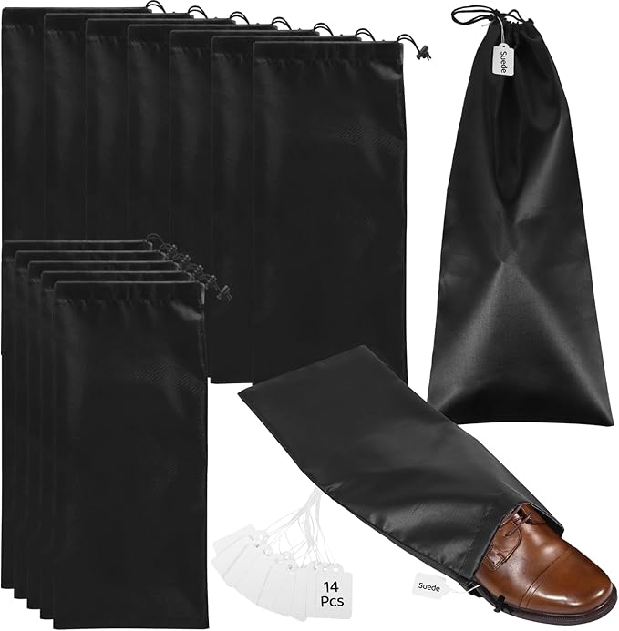 14 PCS Shoe Bags for Travel, Black Satin Single Travel Shoe Bags for Packing In Suitcase, Portable Shoe Covers for Leather Shoes Heels Boots, Lightweight Shoe Packing Organizer