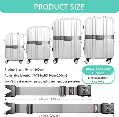 Luggage Strap Belt for 20"-32" Suitcase with TSA Approved 3-Dial Combination Lock Wide Adjustable Packing Straps Travel Accessories, Grey