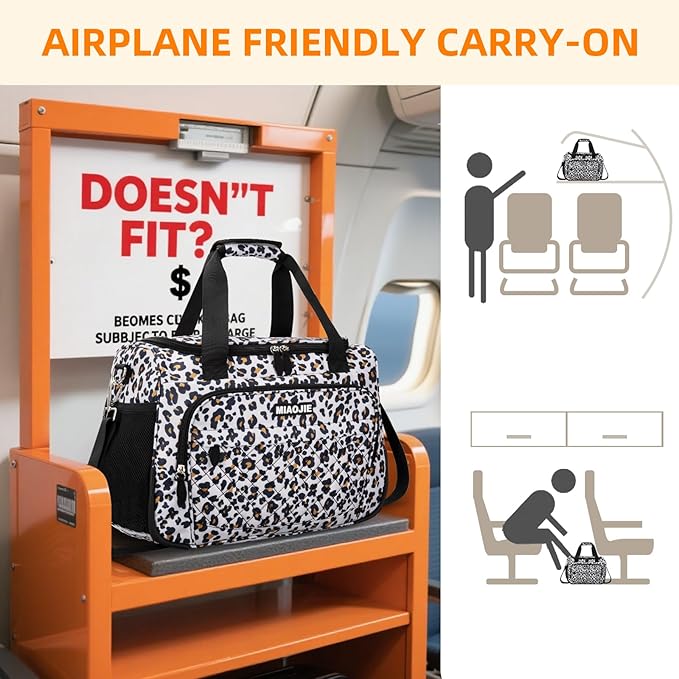 Travel Duffle Bag for Women, Underseat Carry On luggage Bag Foldable Overnight Weekender Hospital Bag Lightweight Airplanes Personal Item Travel Tote Bag for Women Birthday Gifts, 16IN Leopard Print