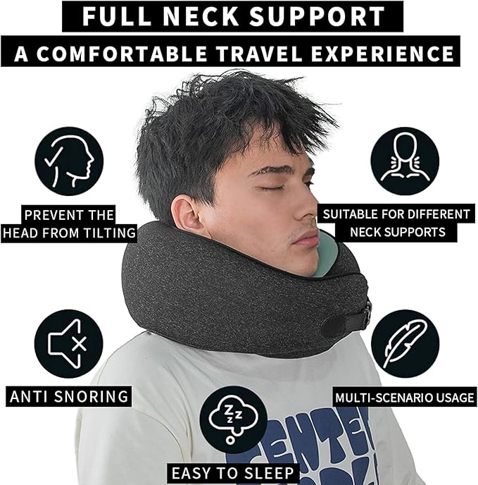 Neck Pillow Airplane –2025 Updated, 100% Memory Foam Travel Pillow for Sleeping, 360° Ergonomic Neck Support, Pain Relief for Long Flights, Portable Travel Accessory for Plane & Car (Dark Gray)