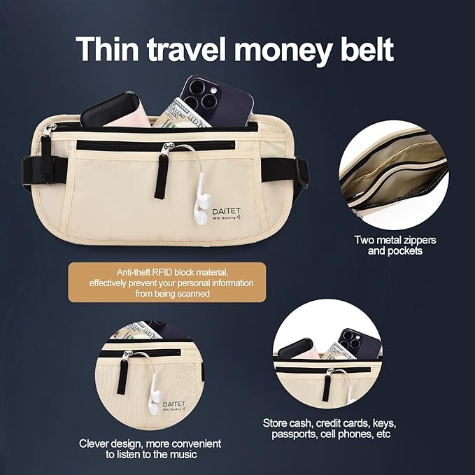 RFID Blocking Money Belt for Men Women, Slim Fanny Pack for Travel，Running,Conceal Waist Wallet for Passport Holder,Phone,Cash(Cream White)
