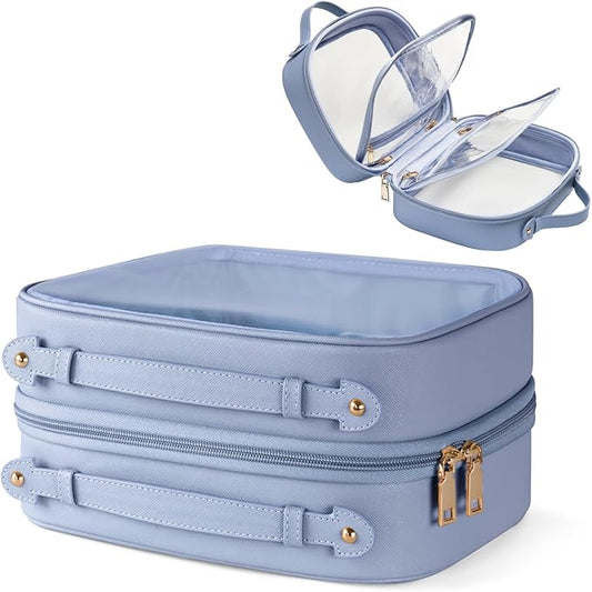 Clear Cosmetic Bag Double Layer Travel Toiletry Bag Clear Makeup Bag Case with 4 Compartments, Transparent Travel Bag for Toiletries, Large Toiletry Bag for Women Cosmetic Case (Blue, Large)