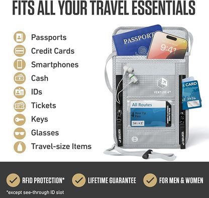 VENTURE 4TH Neck Wallet, RFID Blocking Passport Holder for Travel – Hidden Neck Pouch with 6 Compartments, Slim Lightweight Organizer with Adjustable Strap for Cash, Cards & Passport (Silver)