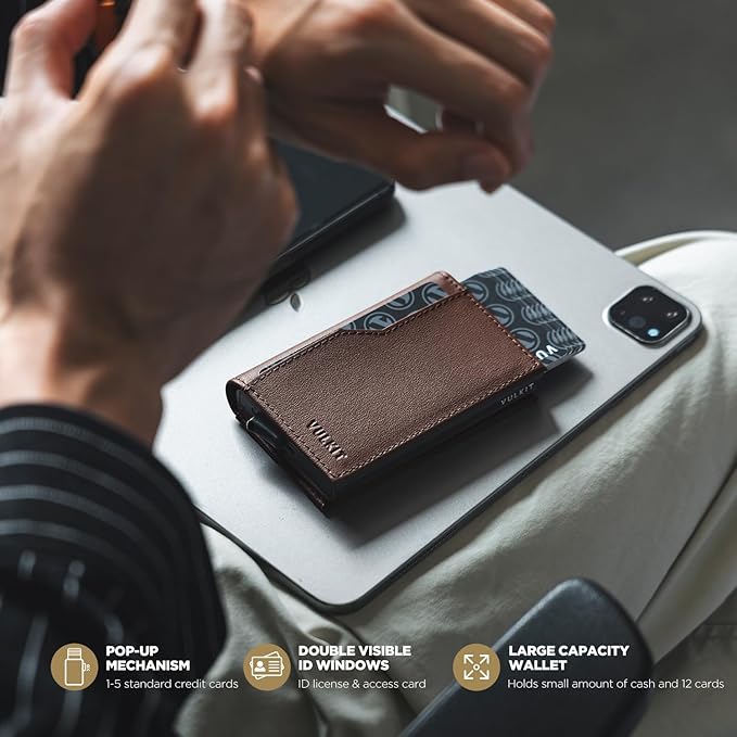 VULKIT Card Holder Wallet with Double ID Windows RFID Blocking Pop Up Wallet Minimalist Design for 12 Cards