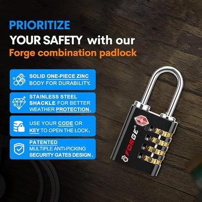 Forge Dual-Opening: Key or Combination Access Lock, Use Key to Recover Code If Forgotten, TSA Approved Locks for Luggage, Pelican case, Travel, Gym, School, Stainless Steel Shackle.(Black 6 Pk)