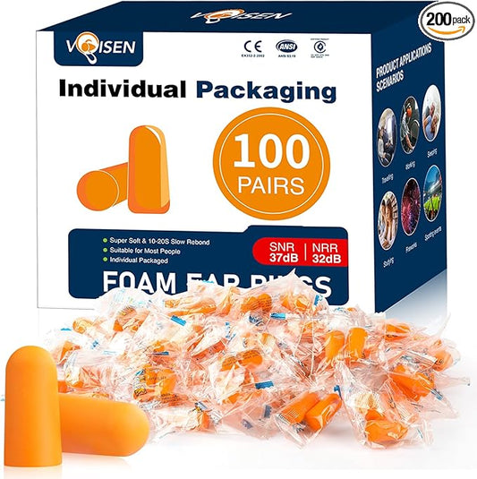 VOISEN Ear Plugs,100 Pairs EarPlug for Sleeping,32dB NRR 37dB SNR Ear Plugs Noise Cancelling for Snoring, Studying, Loud Events, Traveling & Concerts, Individual Package