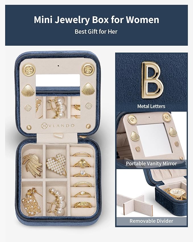 Vlando Preppy Stuff for Teen Girls, Girls Jewelry Box, Teen Girl Chid Gifts Trendy Stuff, Monogrammed Gifts Travel Jewelry Case, Gifts for Teen Girls, Things for Teen Girls - Letter B, Dark Blue