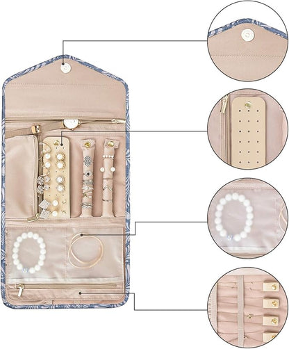 BAGSMART Travel Jewellery Organiser Roll Foldable Jewelry Case for Journey-Rings, Necklaces, Bracelets, Earrings, White Leaf