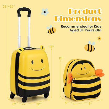 HONEY JOY Kids Luggage, 12” Children Hardshell Backpack & 16” Toddler Travel Rolling Suitcase, 2 Pcs Lightweight Carry On Luggage Set, Kids Luggage with Wheels for Girls & Boys(Yellow Bee)