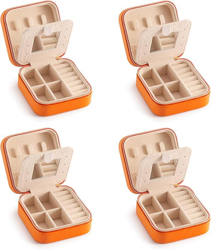 Jewelry Case with Mirror, Small Travel Jewelry Organizer, Portable Mini Storage Box for Rings, Earrings, Necklaces, Gift for Mom, Girl, Daughter, Bridesmaids, Mother's Day Gift (Orange-4packs)