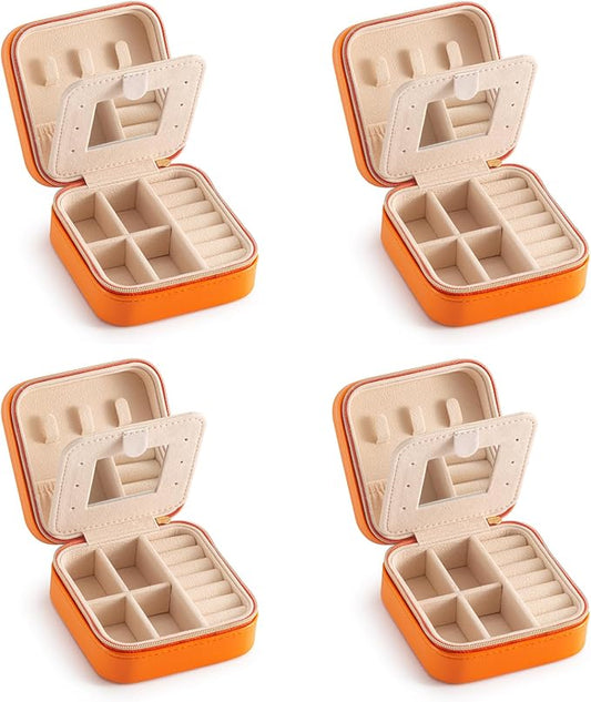 Jewelry Case with Mirror, Small Travel Jewelry Organizer, Portable Mini Storage Box for Rings, Earrings, Necklaces, Gift for Mom, Girl, Daughter, Bridesmaids, Mother's Day Gift (Orange-4packs)