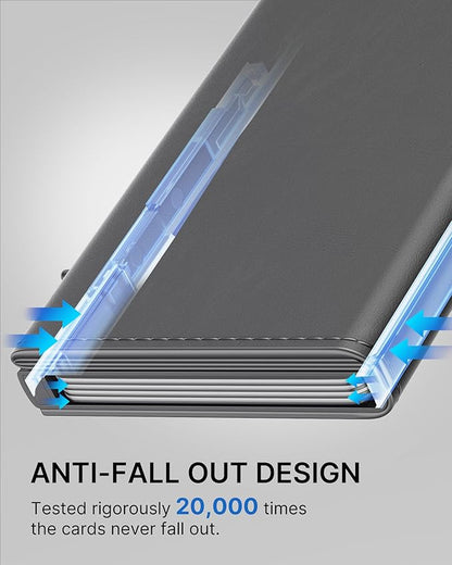 typecase Mens Wallet Card Holder: Pop Up Aluminum Case, Premium Genuine Leather, Smart, RFID Blocking, Slim, Minimalist, Front Pocket - 9-14 Card Capacity | ID Window | Cash Slot - Deep Grey