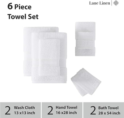 LANE LINEN Towel Set of 6 – 100% Mercerized Cotton, Zero Twist, 2 Large Bath Towel, 2 Hand Towels & 2 Wash Cloths, Quick Dry & Long-Lasting, Perfect for Family Bathrooms, Easy Care – White Towels