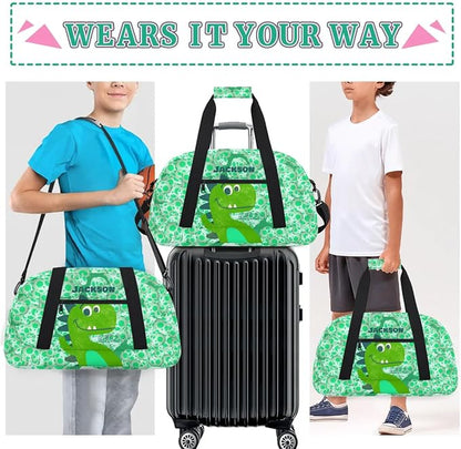 Personalized Duffel Bag for Kids Girls Boys, Dinosaur Custom Name Gym Bag Overnight with Padded Handles Carry On Weekend Sports Travel Bag for School Practice Gymnastics Ballet