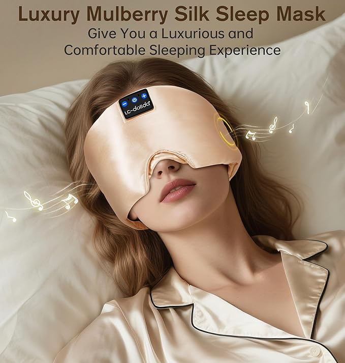 LC-dolida Luxurious Silk Soft Sleep Mask, Sleep Headphones with Bluetooth 5.4 for Side Sleeper, Total Blackout Eye Sleeping Mask for Women and Men, Ideal Gift for Restful Sleep, Travel(Champagne)