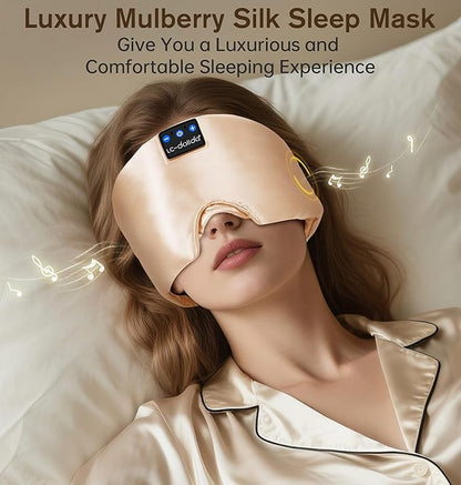 LC-dolida Luxurious Silk Soft Sleep Mask, Sleep Headphones with Bluetooth 5.4 for Side Sleeper, Total Blackout Eye Sleeping Mask for Women and Men, Ideal Gift for Restful Sleep, Travel(Champagne)