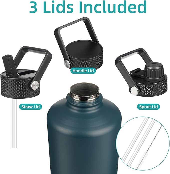 Gallon Insulated Water Bottle with Straw,128 oz 3 Lids Water Jug with Carrying Bag,Paracord Handle, Double Wall Vacuum Stainless Steel Metal Flask,Navy Blue