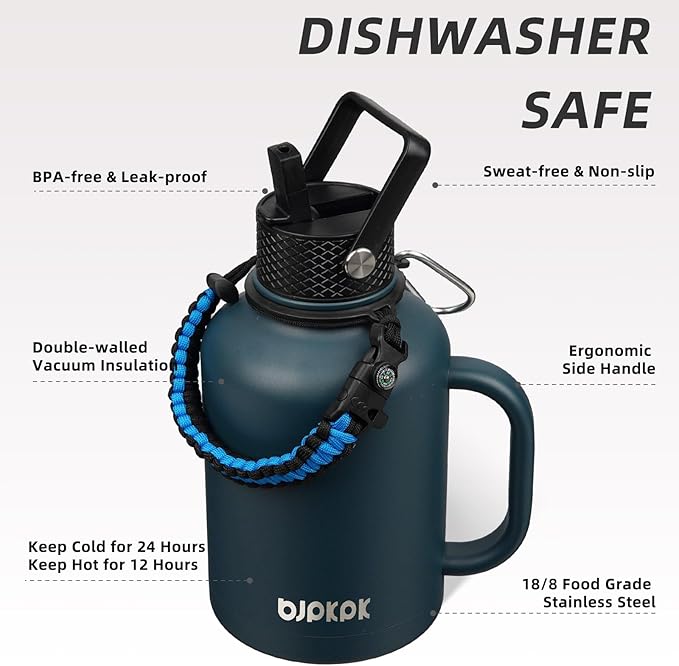 BJPKPK Large Insulated Water Bottles with Straw Lid & Handle, 50oz, 64oz, 87oz, 128oz Water Bottle with 3 Lids and Paracord Strap, Stainless Steel Metal Water Bottle, Insulated Water Jug, Navy Blue