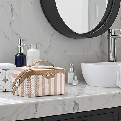 BOYATU Travel Makeup Bag for Women: Large Cosmetic Bag Set of 3 - PU Leather Make up Bag with Compartments - Compact Waterproof Toiletry Bag with Divider & Handle (B-6-Khaki)