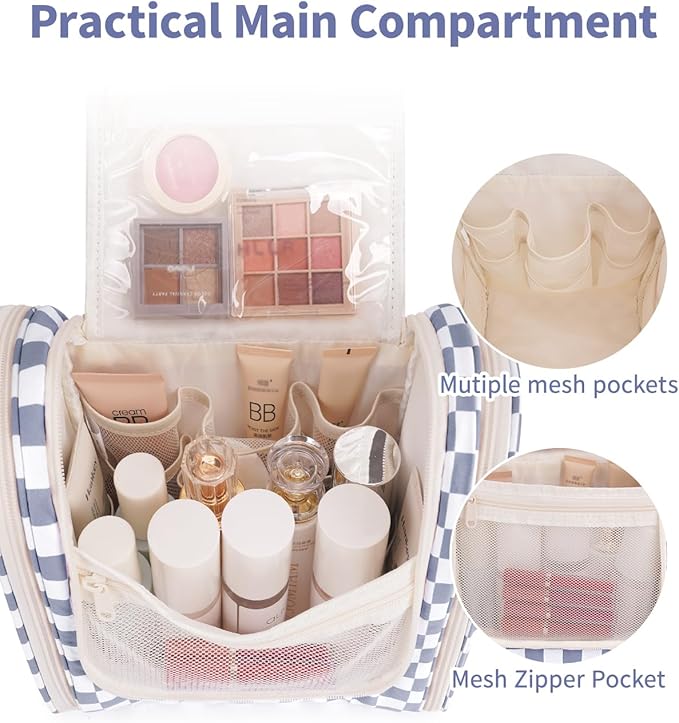 Narwey Checked Hanging Travel Toiletry Bag for Women, Travel Bag for Toiletries, Makeup Bag Organizer Cosmetic Bags Make Up Bags for Women (Grayish Blue Checkerboard)