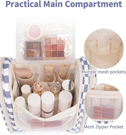 Narwey Checked Hanging Travel Toiletry Bag for Women, Travel Bag for Toiletries, Makeup Bag Organizer Cosmetic Bags Make Up Bags for Women (Grayish Blue Checkerboard)