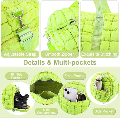 Quilted Travel Duffle Bag Gym Bag for Women,Large Puffer Duffle Weekender Bag with Compartment,Workout Overnight Carry on Organizer Bag Duffle Bag for Airplane Travel(L-Green)