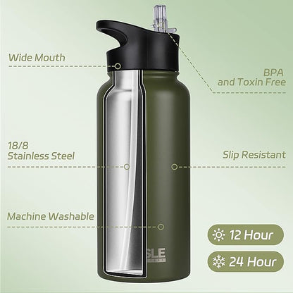 HASLE OUTFITTERS 32 oz Insulated Water Bottle Stainless Steel Double Walled Vacuum Sports Water Bottle with 2 Lids (Straw and Spout Lid) for Gym Camping Hiking（Army Green,1）