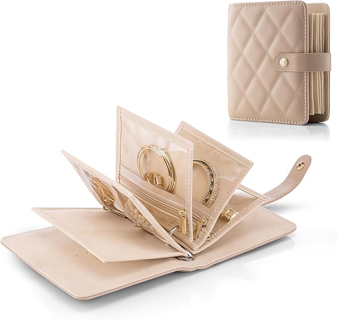 Vlando Travel Jewelry Case,Portable Jewelry Organizer Storage Book with Clear Zipper Velvet Jewelry Pouch Bag Gifts for Traveler Women Girls-Toffee