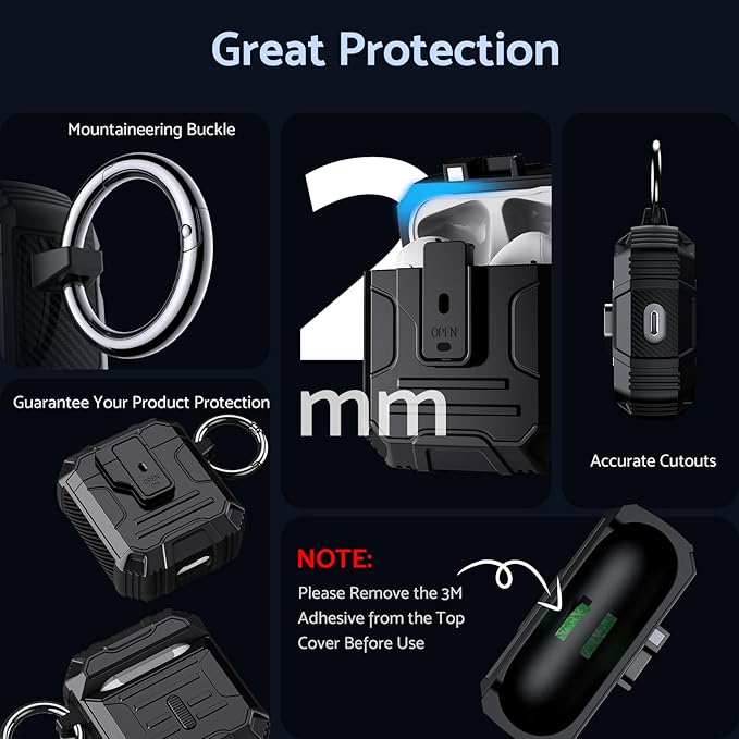 DASFOND Armor Cover AirPods 2nd & 1st Generation Case, Military Grade Full Body Shockproof Protection Hard Case, Support Wireless Charging with Keychain, Magnetic Lid, Front LED Visible, Black