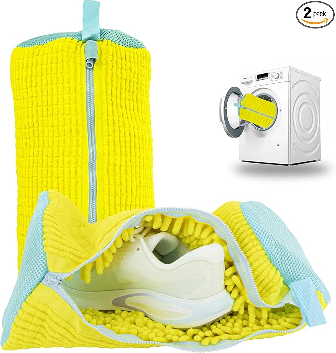 2PCS Shoes Washing Machine Bags, Laundry Shoe Bag for Washer and Dryer, Reusable and Durable Zipper Sneaker Shoe Washing Bag, Tennis Shoes Cleaning Bag for All Shoe Types (Yellow)