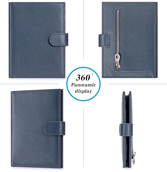 Passport Holder for Travel Women RFID Blocking Genuine Leather Passport Wallet with Card Slots, Zipper Coins Pocket, Cash Holder, Navy Blue