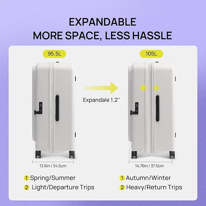 NINETYGO Large Checked Luggage 28 Inch, Top Opening Luggage Checking In Luggage, Expandable, PC Hard Shell, Larger Capacity Checked, TSA Lock, 360° Spinner Wheels (White)