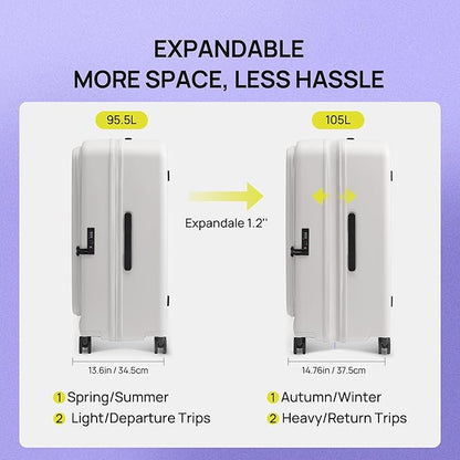 NINETYGO Large Checked Luggage 28 Inch, Top Opening Luggage Checking In Luggage, Expandable, PC Hard Shell, Larger Capacity Checked, TSA Lock, 360° Spinner Wheels (White)